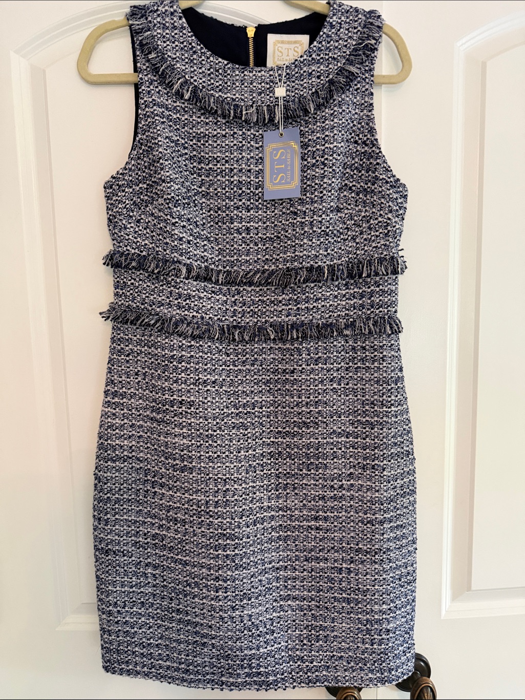 Sail To Sable Navy And White Tweed Fringe Sheath Dress